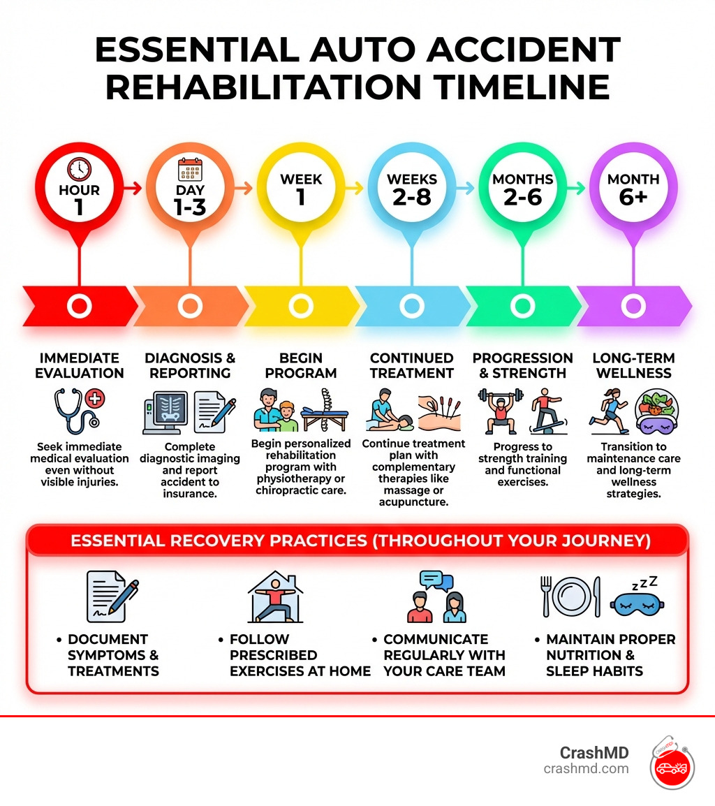 Infographic showing the essential timeline of auto accident rehabilitation: Hour 1 - Seek immediate medical evaluation even without visible injuries; Day 1-3 - Complete diagnostic imaging and report accident to insurance; Week 1 - Begin personalized rehabilitation program with physiotherapy or chiropractic care; Weeks 2-8 - Continue treatment plan with complementary therapies like massage or acupuncture; Months 2-6 - Progress to strength training and functional exercises; Month 6+ - Transition to maintenance care and long-term wellness strategies. Side notes highlight: Document all symptoms and treatments, Follow prescribed exercises at home, Communicate regularly with your care team, Maintain proper nutrition and sleep habits. - Auto accident rehabilitation infographic Infographic showing the essential timeline of auto accident rehabilitation: Hour 1 - Seek immediate medical evaluation even without visible injuries; Day 1-3 - Complete diagnostic imaging and report accident to insurance; Week 1 - Begin personalized rehabilitation program with physiotherapy or chiropractic care; Weeks 2-8 - Continue treatment plan with complementary therapies like massage or acupuncture; Months 2-6 - Progress to strength training and functional exercises; Month 6+ - Transition to maintenance care and long-term wellness strategies. Side notes highlight: Document all symptoms and treatments, Follow prescribed exercises at home, Communicate regularly with your care team, Maintain proper nutrition and sleep habits. - Auto accident rehabilitation infographic