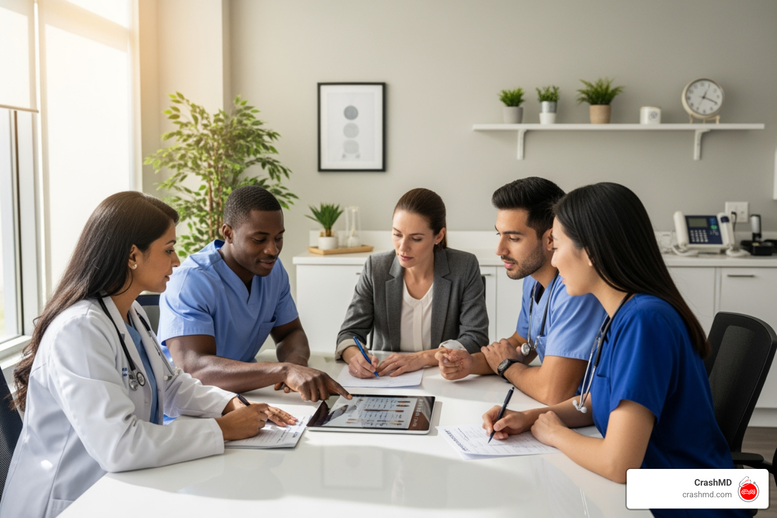 Multi-disciplinary therapy team collaborating - Auto accident rehabilitation Multi-disciplinary therapy team collaborating - Auto accident rehabilitation
