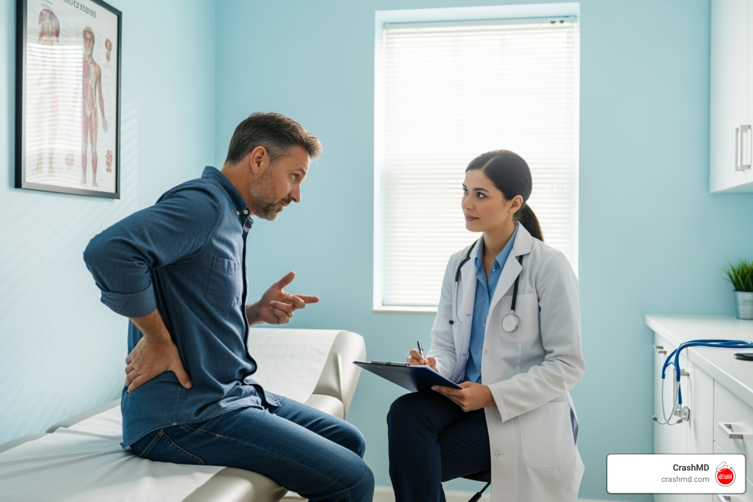 a patient speaking with a doctor who is taking notes on a clipboard - average settlement for car accident back and neck injury