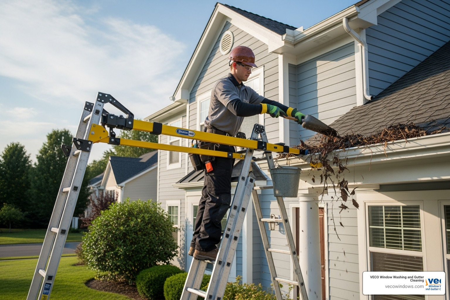 professional technician safely using a ladder stabilizer next to a clogged gutter - best gutter cleaning service professional technician safely using a ladder stabilizer next to a clogged gutter - best gutter cleaning service