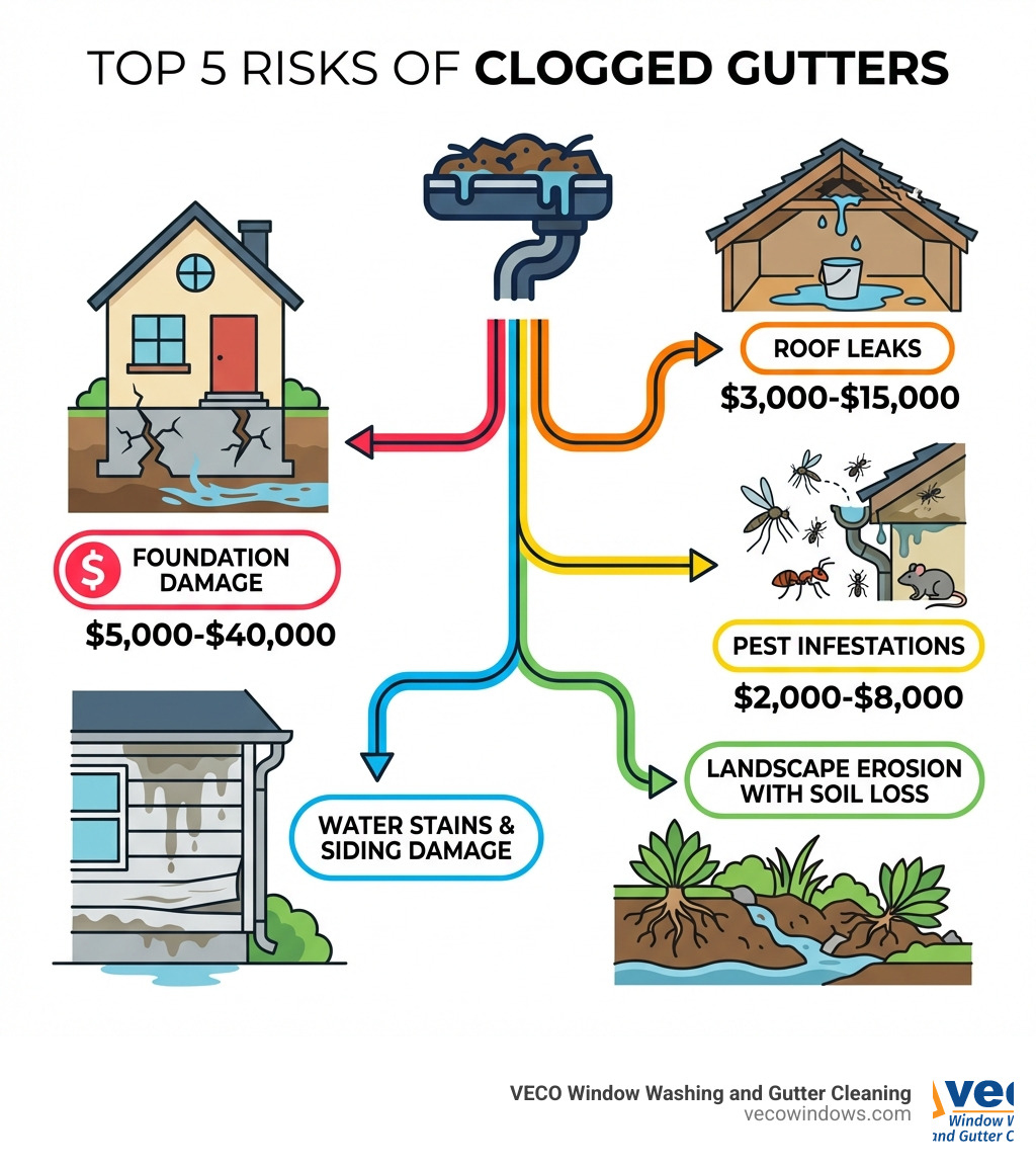 infographic showing top 5 risks of clogged gutters: foundation damage with costs of $5,000-$40,000, roof leaks costing $3,000-$15,000, pest infestations at $2,000-$8,000, water stains and siding damage, and landscape erosion with soil loss - best gutter cleaning service infographic infographic showing top 5 risks of clogged gutters: foundation damage with costs of $5,000-$40,000, roof leaks costing $3,000-$15,000, pest infestations at $2,000-$8,000, water stains and siding damage, and landscape erosion with soil loss - best gutter cleaning service infographic