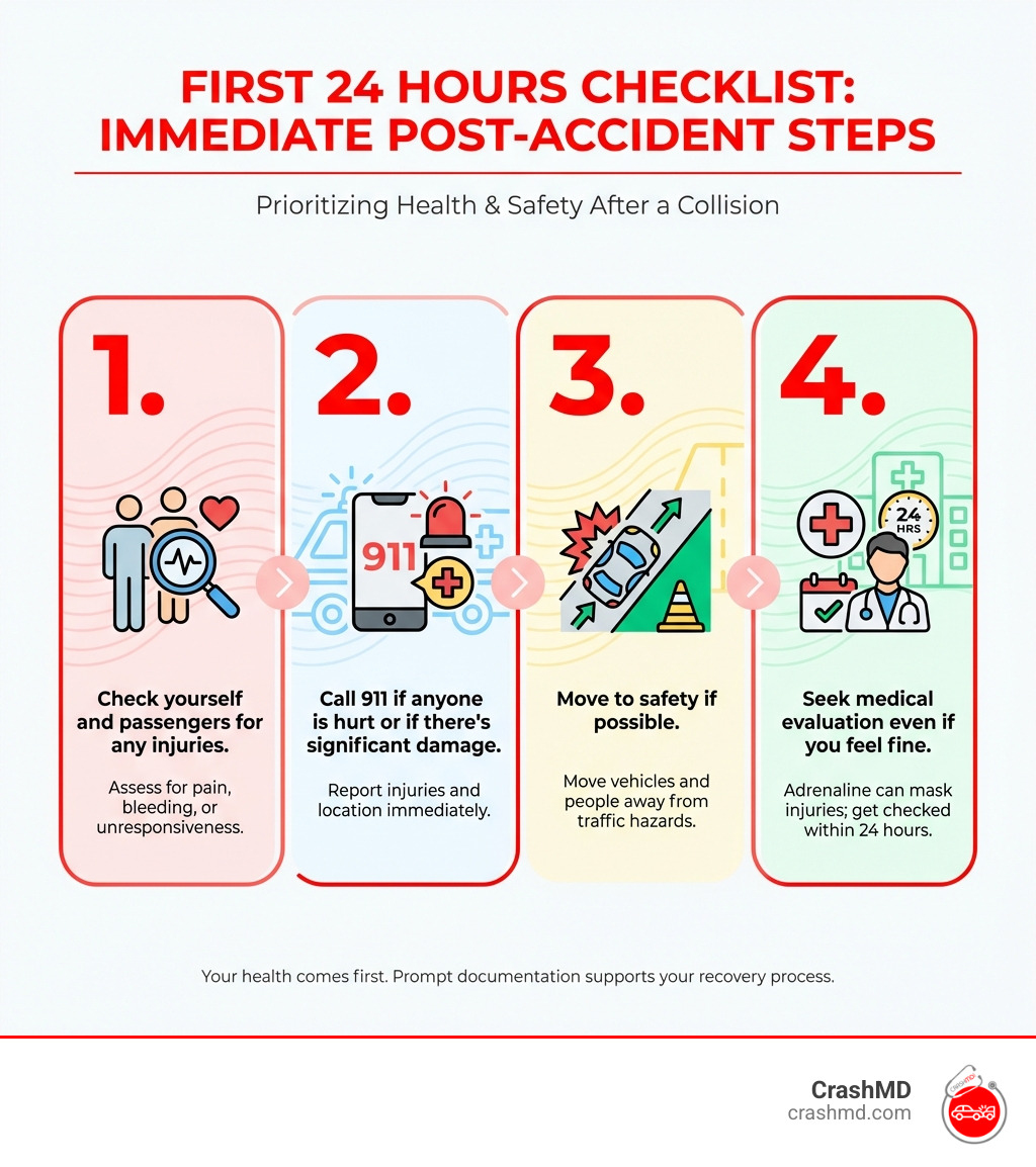 infographic showing First 24 Hours checklist with four steps: 1. Check yourself and passengers for injuries, 2. Call 911 if anyone is hurt or if there's significant damage, 3. Move to safety if possible, 4. Seek medical evaluation even if you feel fine - car accident medical treatment infographic infographic showing First 24 Hours checklist with four steps: 1. Check yourself and passengers for injuries, 2. Call 911 if anyone is hurt or if there's significant damage, 3. Move to safety if possible, 4. Seek medical evaluation even if you feel fine - car accident medical treatment infographic