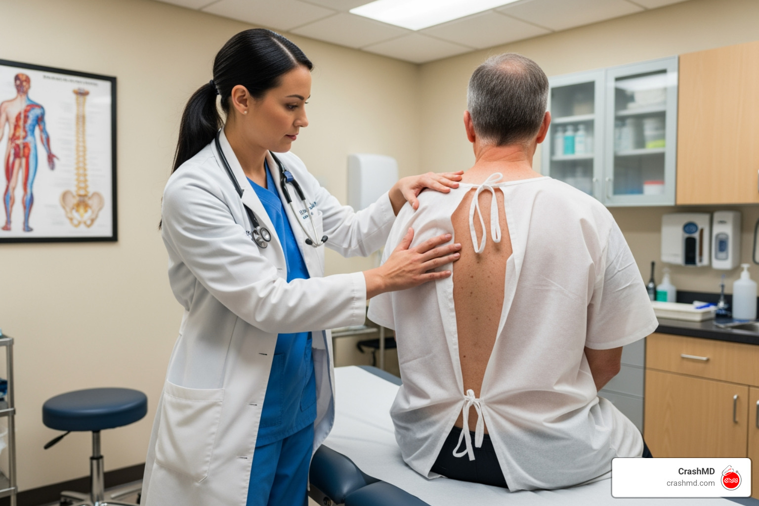 doctor examining a patient's back in a clinical setting - car accident medical evaluation doctor examining a patient's back in a clinical setting - car accident medical evaluation