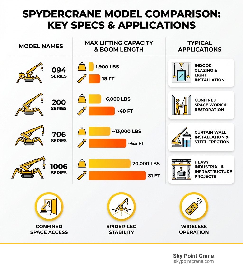 Infographic showing SPYDERCRANE model comparison with three columns: Model names (094, 200, 706, 1006 Series), maximum lifting capacities (1,900 lbs to 20,000 lbs), boom lengths (18 ft to 81 ft), and typical applications (indoor glazing to heavy industrial). Includes icons for confined space access, spider-leg stability, and wireless operation. - buy a spyder crane infographic Infographic showing SPYDERCRANE model comparison with three columns: Model names (094, 200, 706, 1006 Series), maximum lifting capacities (1,900 lbs to 20,000 lbs), boom lengths (18 ft to 81 ft), and typical applications (indoor glazing to heavy industrial). Includes icons for confined space access, spider-leg stability, and wireless operation. - buy a spyder crane infographic
