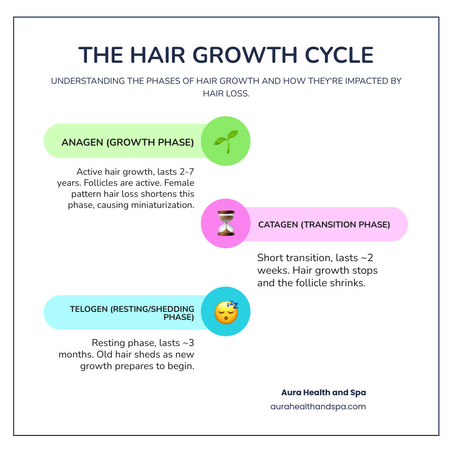 infographic showing the hair growth cycle with three phases: Anagen growth phase lasting 2-7 years with active follicle growth, Catagen transition phase lasting 2 weeks with follicle shrinkage, and Telogen resting phase lasting 3 months before shedding, with arrows indicating the cycle continues and showing that androgenetic alopecia shortens anagen and causes follicular miniaturization - Women's hair solutions infographic infographic-line-3-steps-colors