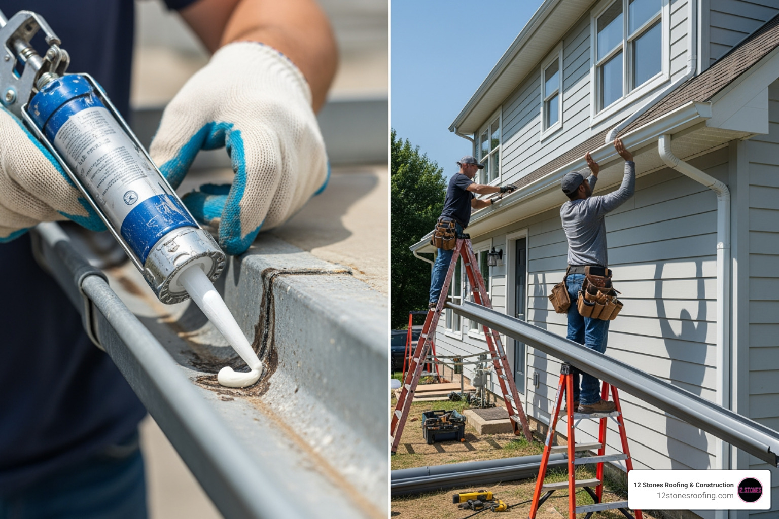 A split image showing a minor gutter repair project on one side and a full gutter replacement project on the other, highlighting the difference in scope - gutter repair Houston TX A split image showing a minor gutter repair project on one side and a full gutter replacement project on the other, highlighting the difference in scope - gutter repair Houston TX
