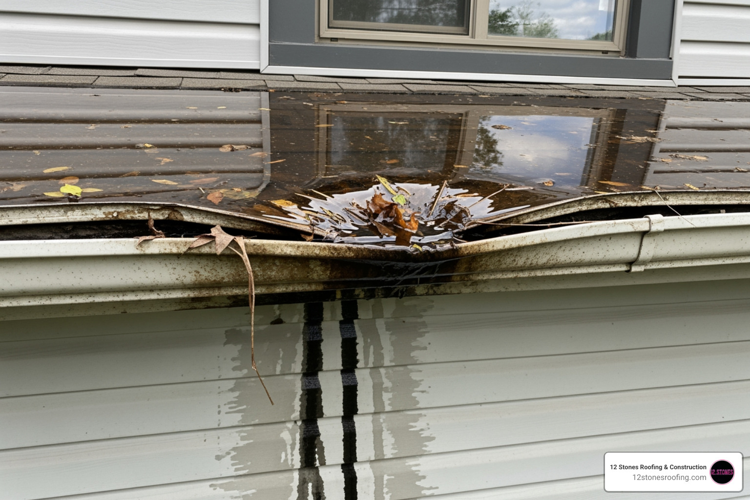 A sagging gutter with visible pooling water, indicating a need for repair - gutter repair Houston TX A sagging gutter with visible pooling water, indicating a need for repair - gutter repair Houston TX