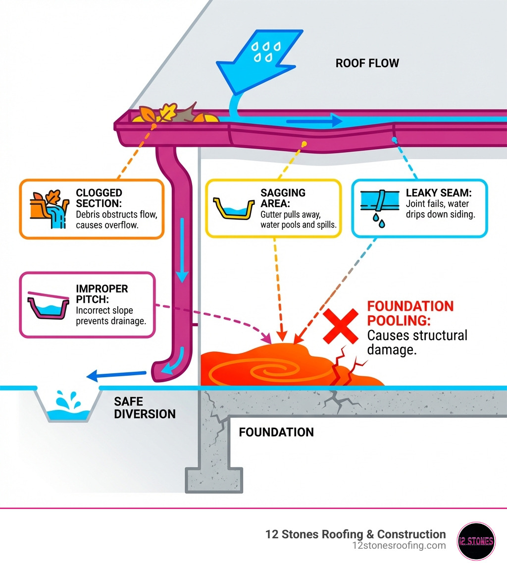 Infographic showing how water flows from the roof through gutters and downspouts away from the foundation, with callouts indicating common failure points like clogged sections, sagging areas, leaky seams, and improper pitch that cause water to pool near the foundation instead of being diverted safely away - gutter repair Houston TX infographic Infographic showing how water flows from the roof through gutters and downspouts away from the foundation, with callouts indicating common failure points like clogged sections, sagging areas, leaky seams, and improper pitch that cause water to pool near the foundation instead of being diverted safely away - gutter repair Houston TX infographic