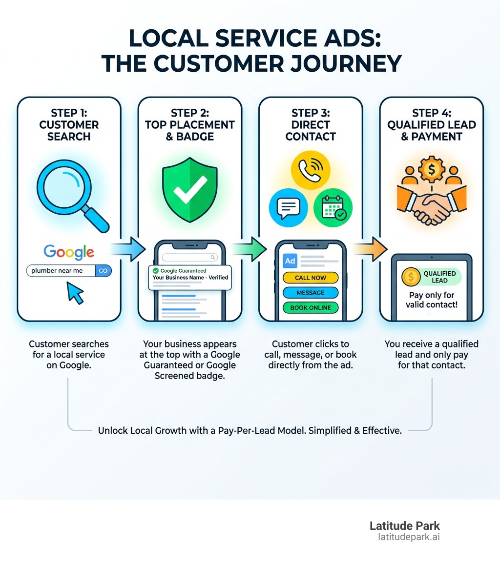 Infographic showing the Local Service Ads customer journey: Step 1 - Customer searches for a local service on Google. Step 2 - Your business appears at the top with a Google Guaranteed or Google Screened badge. Step 3 - Customer clicks to call, message, or book directly from the ad. Step 4 - You receive a qualified lead and only pay for that contact. The infographic includes icons for search, verified badge, phone/message, and lead conversion. - local service ads infographic Infographic showing the Local Service Ads customer journey: Step 1 - Customer searches for a local service on Google. Step 2 - Your business appears at the top with a Google Guaranteed or Google Screened badge. Step 3 - Customer clicks to call, message, or book directly from the ad. Step 4 - You receive a qualified lead and only pay for that contact. The infographic includes icons for search, verified badge, phone/message, and lead conversion. - local service ads infographic