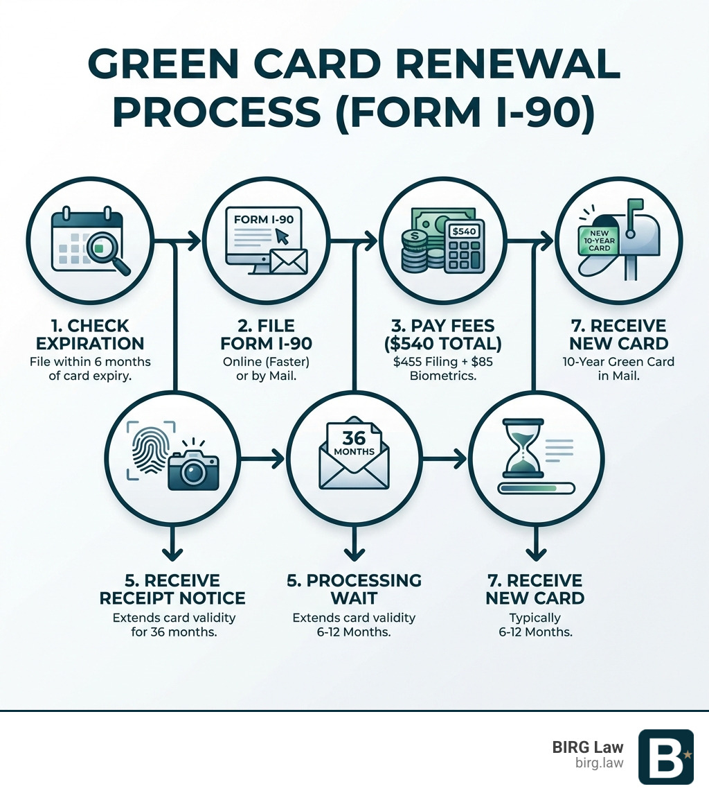 Infographic showing the green card renewal process: 1) Check expiration date on card, 2) File Form I-90 within 6 months of expiration either online or by mail, 3) Pay $540 in fees ($455 filing + $85 biometrics), 4) Attend biometrics appointment when scheduled, 5) Receive receipt notice extending card validity for 36 months, 6) Wait 6-12 months for processing, 7) Receive new 10-year green card in mail - How to renew green card infographic Infographic showing the green card renewal process: 1) Check expiration date on card, 2) File Form I-90 within 6 months of expiration either online or by mail, 3) Pay $540 in fees ($455 filing + $85 biometrics), 4) Attend biometrics appointment when scheduled, 5) Receive receipt notice extending card validity for 36 months, 6) Wait 6-12 months for processing, 7) Receive new 10-year green card in mail - How to renew green card infographic