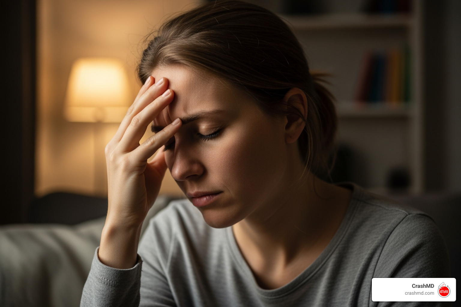 person pointing to their head to indicate a headache - delayed symptoms after car accident person pointing to their head to indicate a headache - delayed symptoms after car accident