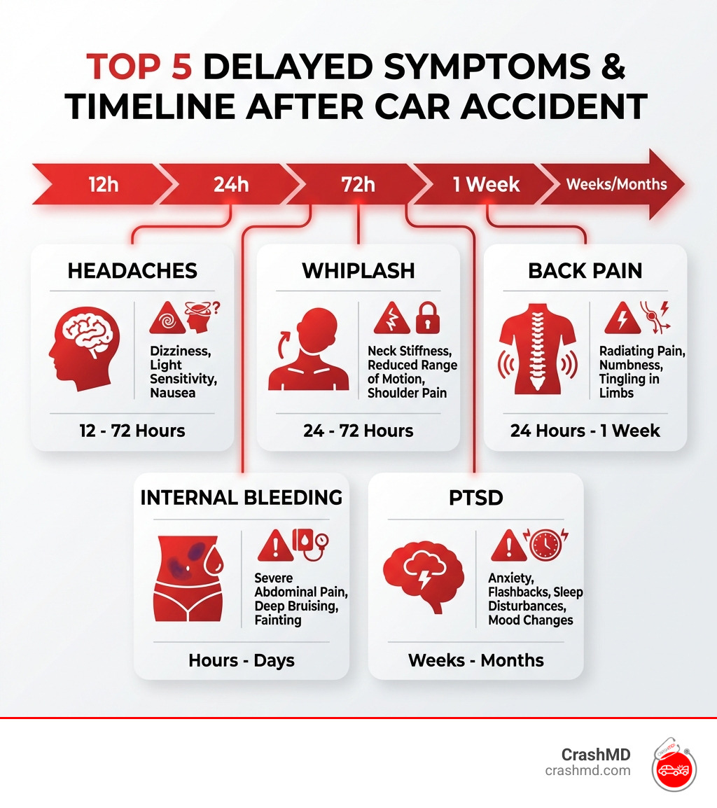 infographic showing top 5 delayed symptoms after car accident with timeline: headaches 12-72 hours, whiplash 24-72 hours, back pain 24 hours to 1 week, internal bleeding hours to days, PTSD weeks to months, with icons showing affected body areas and warning signs for each - delayed symptoms after car accident infographic infographic showing top 5 delayed symptoms after car accident with timeline: headaches 12-72 hours, whiplash 24-72 hours, back pain 24 hours to 1 week, internal bleeding hours to days, PTSD weeks to months, with icons showing affected body areas and warning signs for each - delayed symptoms after car accident infographic