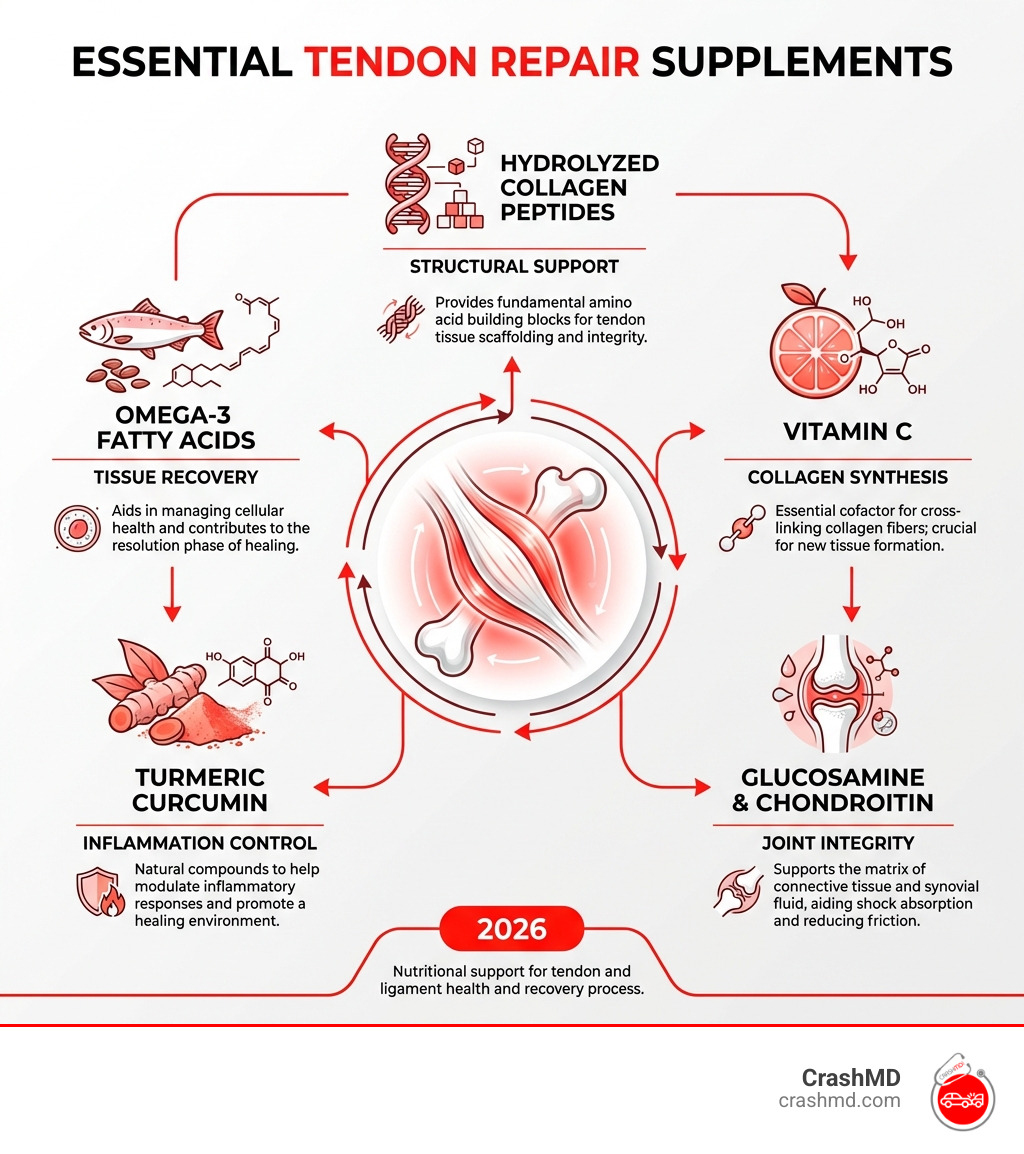 infographic showing five key supplement ingredients for tendon repair: hydrolyzed collagen peptides for structural support, vitamin C for collagen synthesis, glucosamine and chondroitin for joint integrity, turmeric curcumin for inflammation control, and omega-3 fatty acids for tissue recovery - tendon repair supplements infographic infographic showing five key supplement ingredients for tendon repair: hydrolyzed collagen peptides for structural support, vitamin C for collagen synthesis, glucosamine and chondroitin for joint integrity, turmeric curcumin for inflammation control, and omega-3 fatty acids for tissue recovery - tendon repair supplements infographic