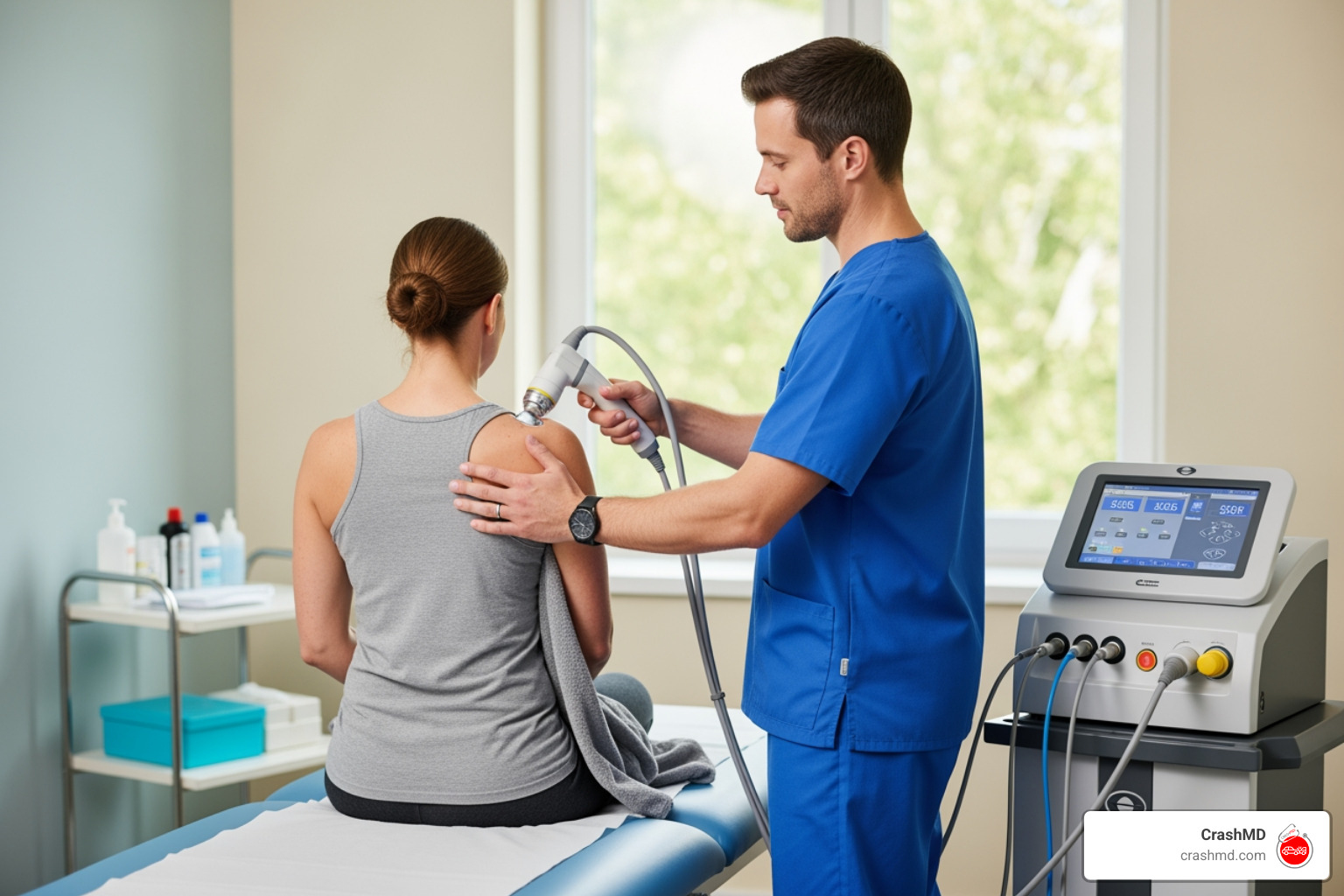 shockwave therapy session on a patient's shoulder - Non surgical pain relief