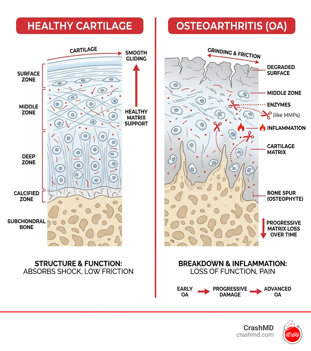 infographic showing the structure of healthy articular cartilage versus degraded cartilage in osteoarthritis, including the layers of cartilage, the role of chondrocytes, and how inflammation and enzymes break down the cartilage matrix over time - cartilage repair supplements infographic 