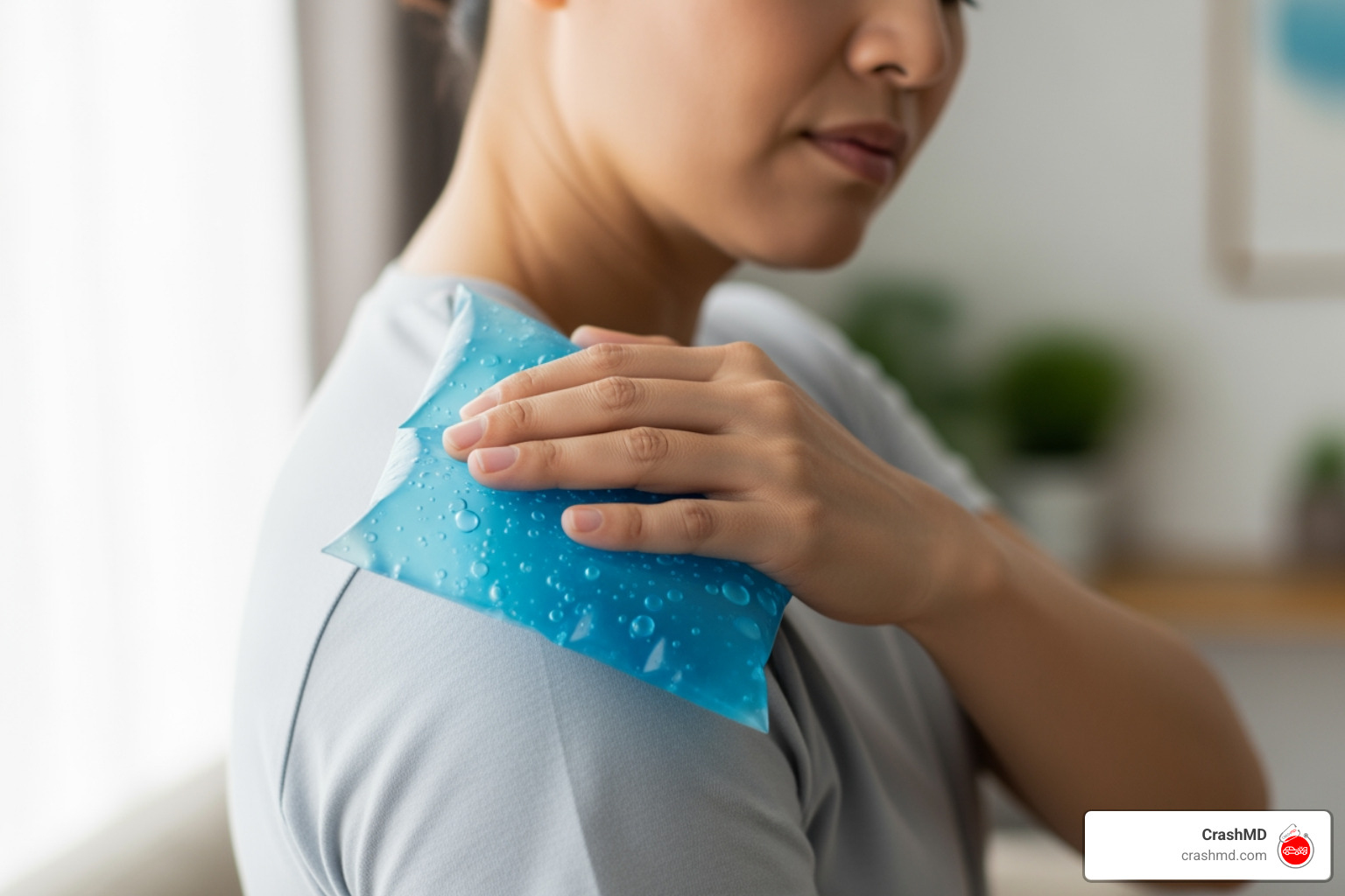 person applying cold pack to shoulder - how to reduce pain after bike accident