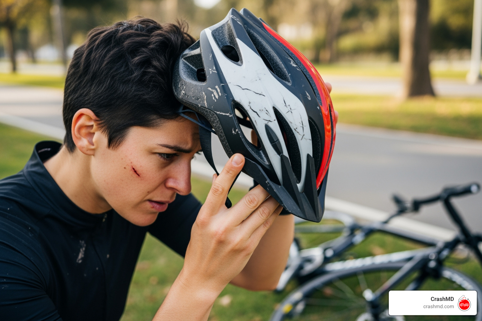 person checking helmet - how to reduce pain after bike accident