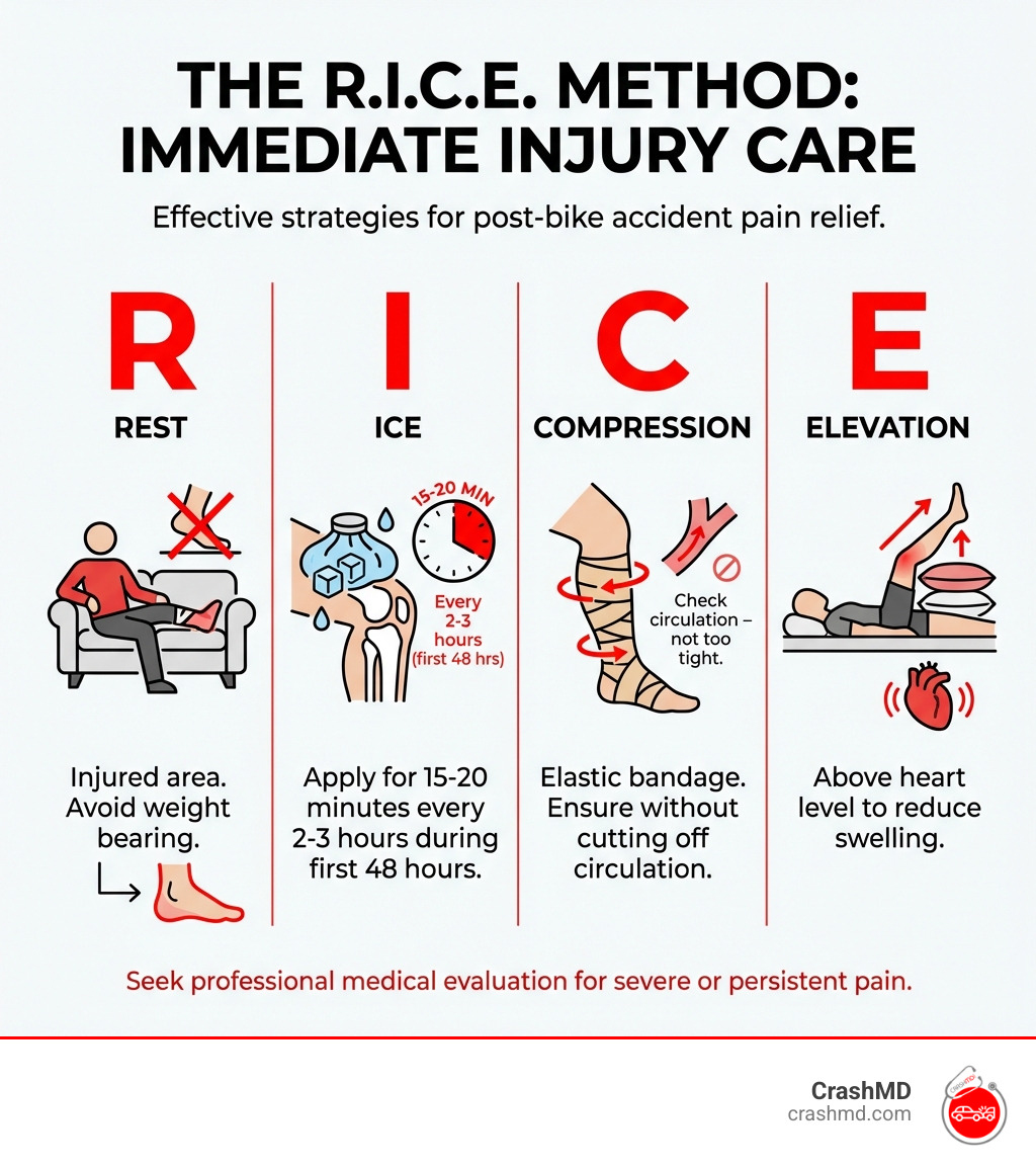 infographic showing the R.I.C.E. method: Rest the injured area and avoid putting weight on it, Ice for 15-20 minutes every 2-3 hours for the first 48 hours, Compress with an elastic bandage without cutting off circulation, Elevate the injured area above heart level to reduce swelling - how to reduce pain after bike accident infographic 