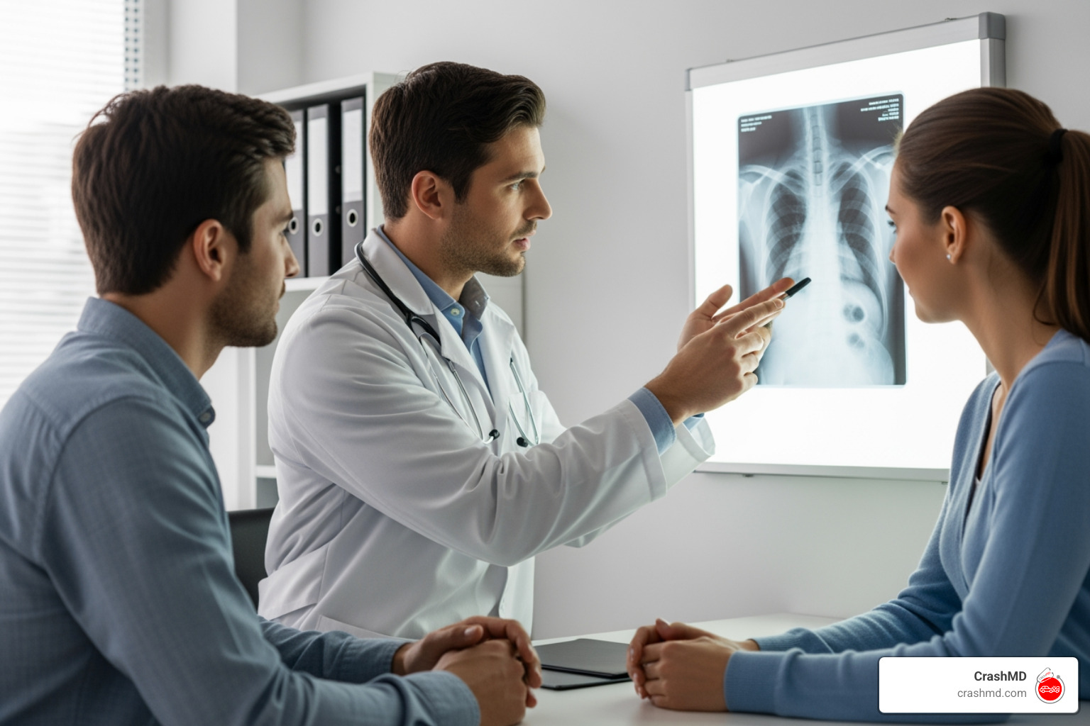 A specialist, likely an orthopedist, reviewing an X-ray with a patient - how to find a doctor after a car accident A specialist, likely an orthopedist, reviewing an X-ray with a patient - how to find a doctor after a car accident