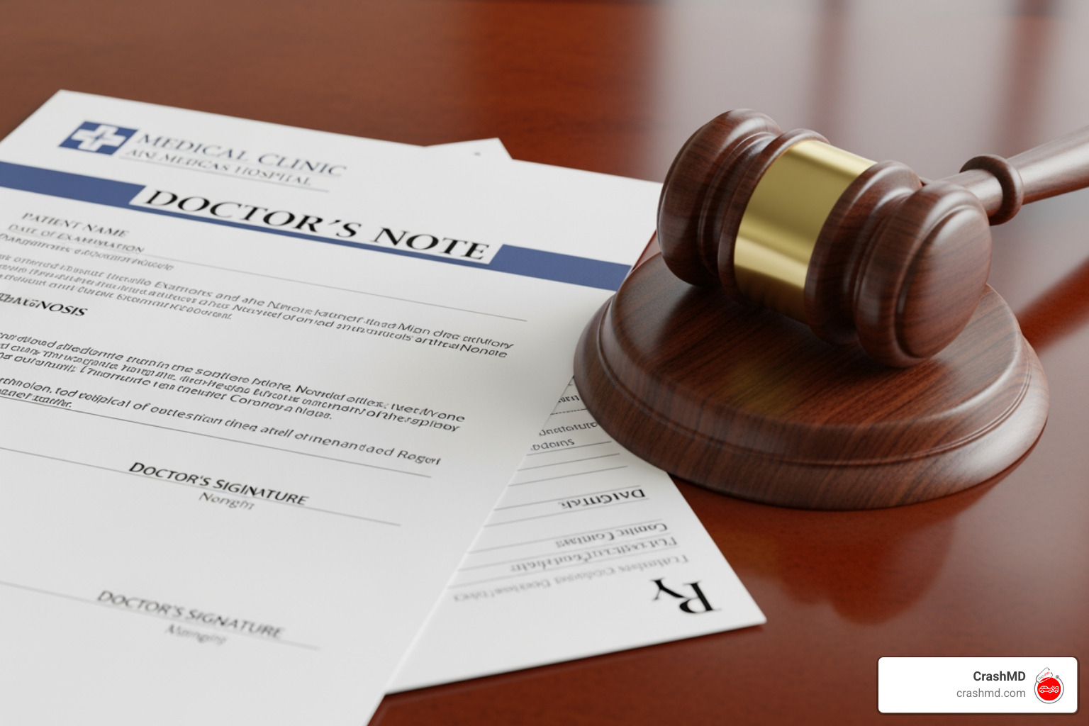 Doctor's note and a gavel representing the medical-legal connection - how to find a doctor after a car accident Doctor's note and a gavel representing the medical-legal connection - how to find a doctor after a car accident