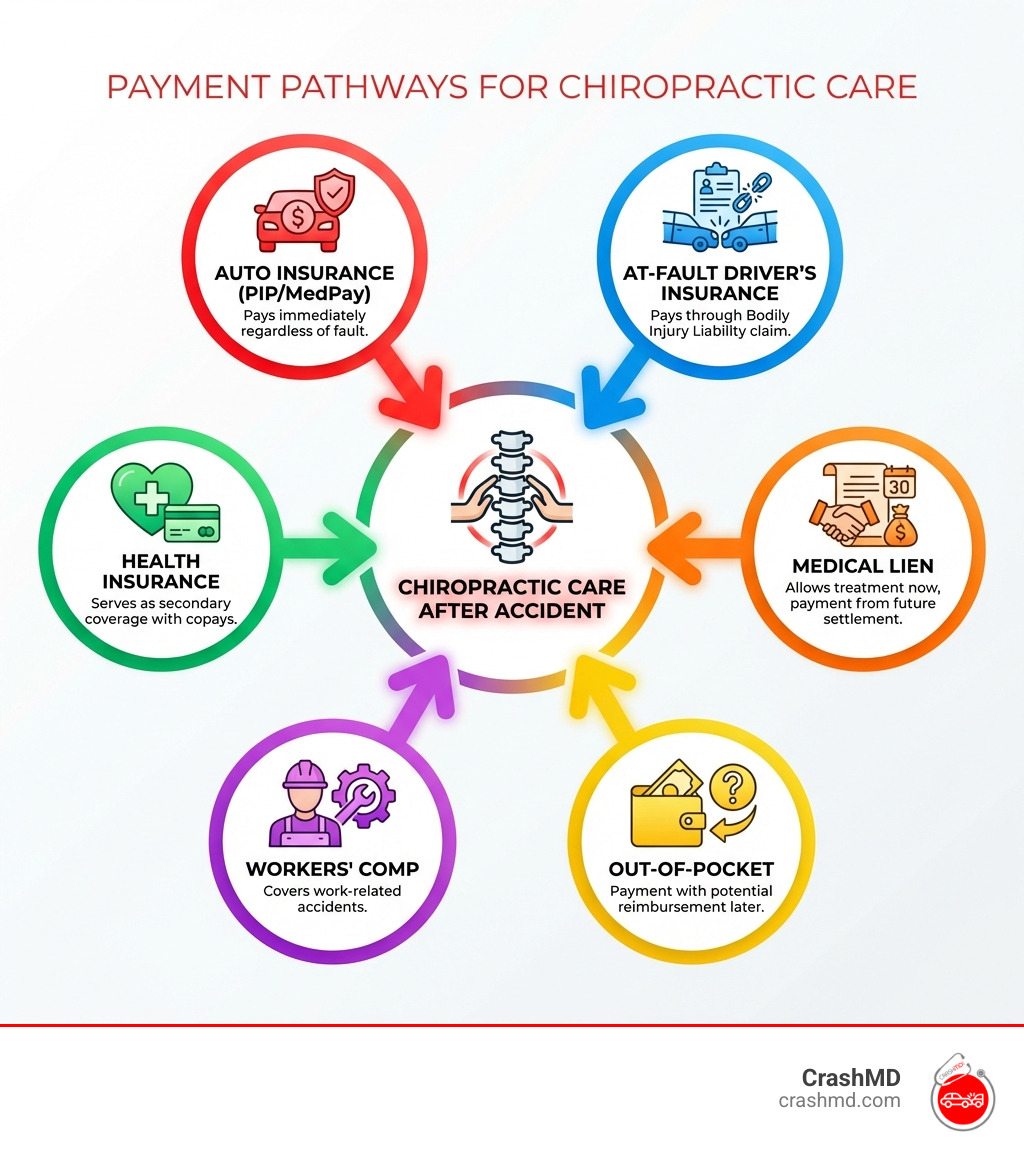 Infographic showing payment pathways for chiropractic care after accident: Auto Insurance (PIP/MedPay) pays immediately regardless of fault; At-Fault Driver's Insurance pays through Bodily Injury Liability claim; Health Insurance serves as secondary coverage with copays; Medical Lien allows treatment now with payment from future settlement; Workers' Comp covers work-related accidents; Out-of-Pocket payment with potential reimbursement later - who pays for chiropractor after accident infographic Infographic showing payment pathways for chiropractic care after accident: Auto Insurance (PIP/MedPay) pays immediately regardless of fault; At-Fault Driver's Insurance pays through Bodily Injury Liability claim; Health Insurance serves as secondary coverage with copays; Medical Lien allows treatment now with payment from future settlement; Workers' Comp covers work-related accidents; Out-of-Pocket payment with potential reimbursement later - who pays for chiropractor after accident infographic