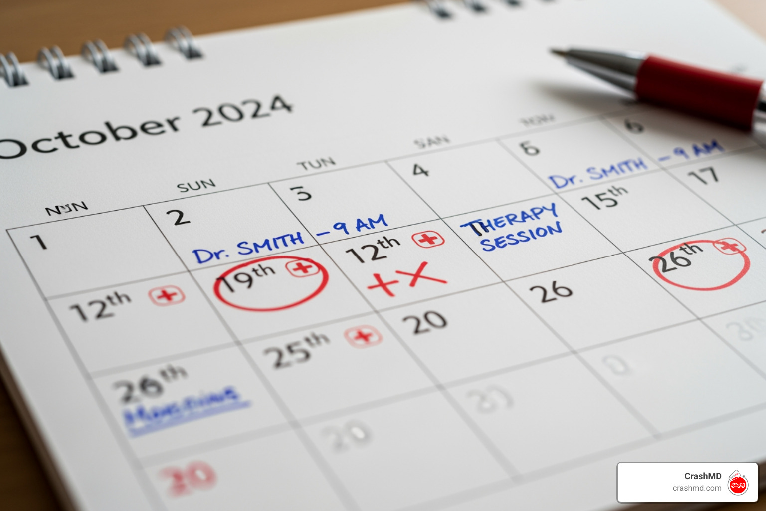 Calendar with medical appointments marked, highlighting the ongoing nature of care - who pays for chiropractor after accident Calendar with medical appointments marked, highlighting the ongoing nature of care - who pays for chiropractor after accident