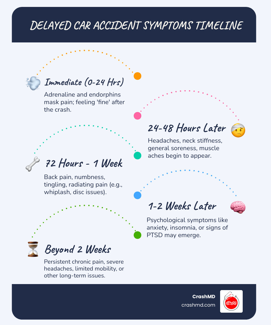 infographic showing timeline of delayed symptoms after car accident, including immediate symptoms like shock and adrenaline rush, 24-48 hours showing headaches and neck stiffness, 72 hours to 1 week showing back pain and numbness, and 1-2 weeks showing psychological symptoms like anxiety and PTSD - what do doctors check after a car accident infographic infographic-line-5-steps-blues-accent_colors infographic showing timeline of delayed symptoms after car accident, including immediate symptoms like shock and adrenaline rush, 24-48 hours showing headaches and neck stiffness, 72 hours to 1 week showing back pain and numbness, and 1-2 weeks showing psychological symptoms like anxiety and PTSD - what do doctors check after a car accident infographic infographic-line-5-steps-blues-accent_colors