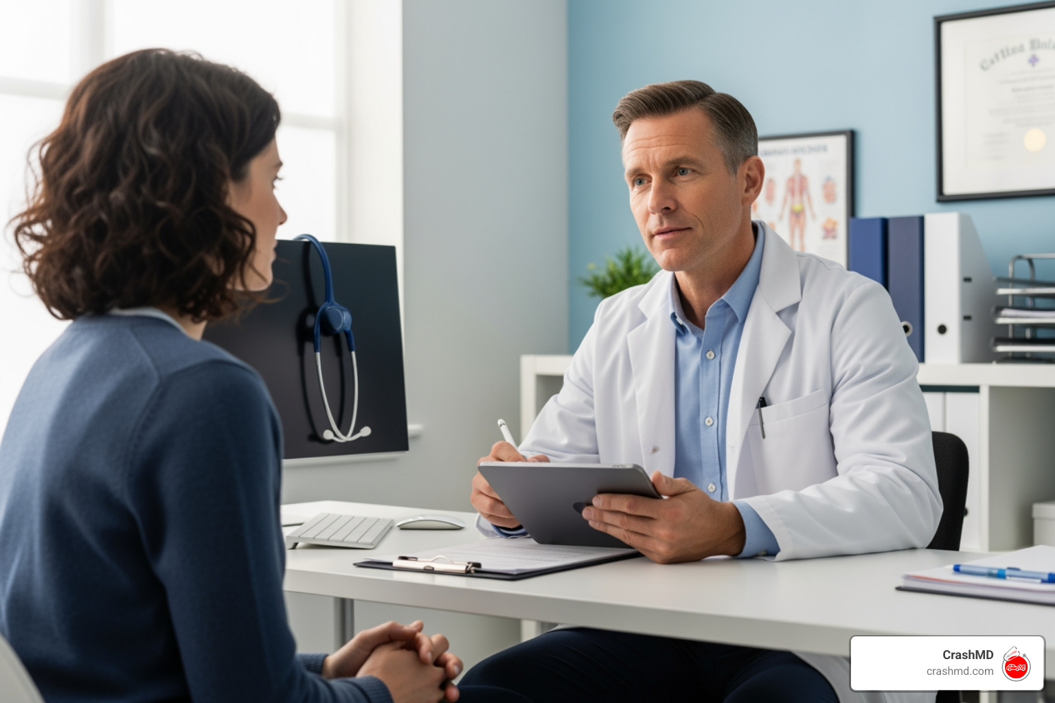 doctor talking with patient and taking notes - what do doctors check after a car accident doctor talking with patient and taking notes - what do doctors check after a car accident