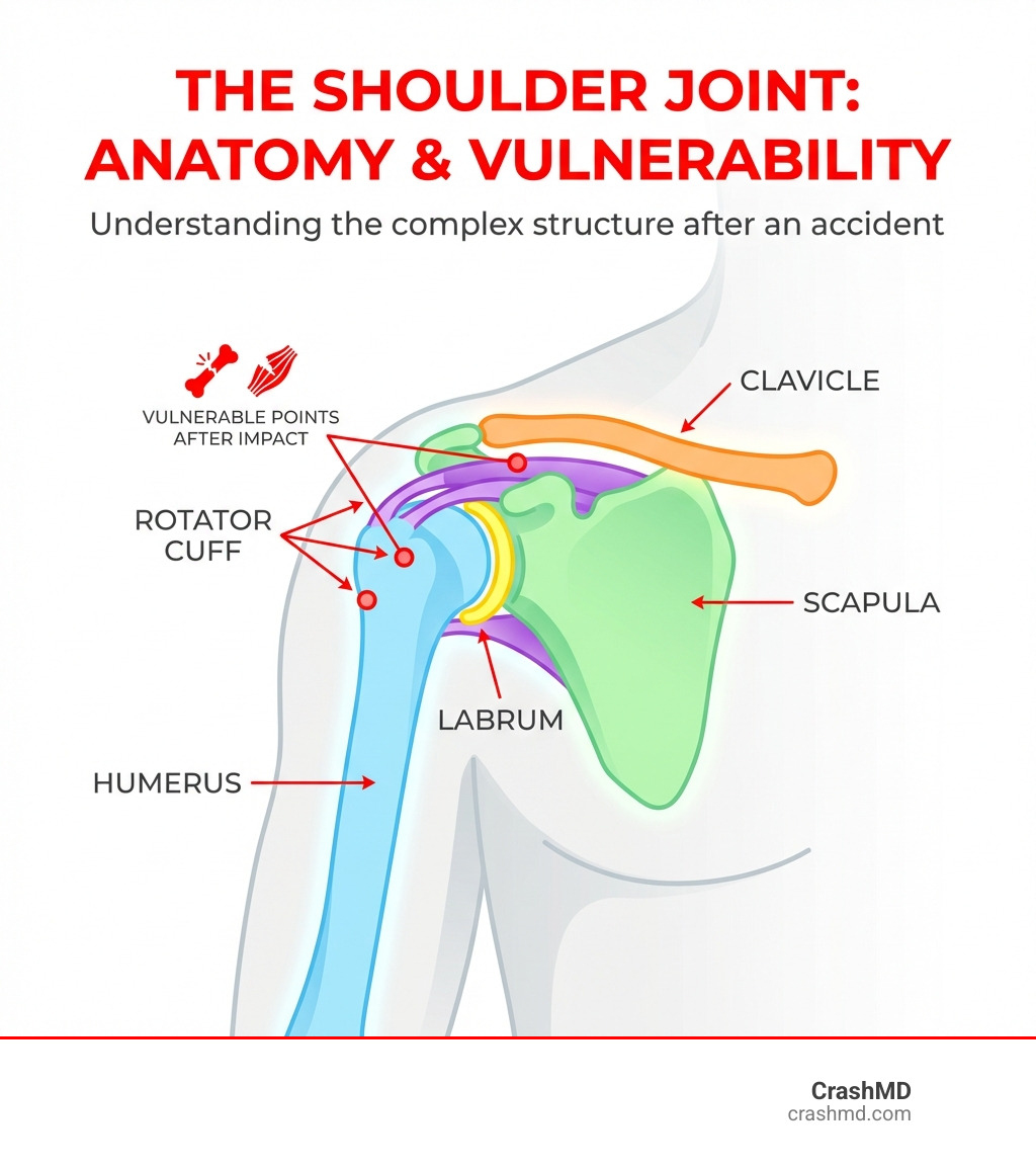 Infographic explaining the anatomy of the shoulder joint, including the rotator cuff, labrum, clavicle, humerus, and scapula - Shoulder pain after accident infographic Infographic explaining the anatomy of the shoulder joint, including the rotator cuff, labrum, clavicle, humerus, and scapula - Shoulder pain after accident infographic