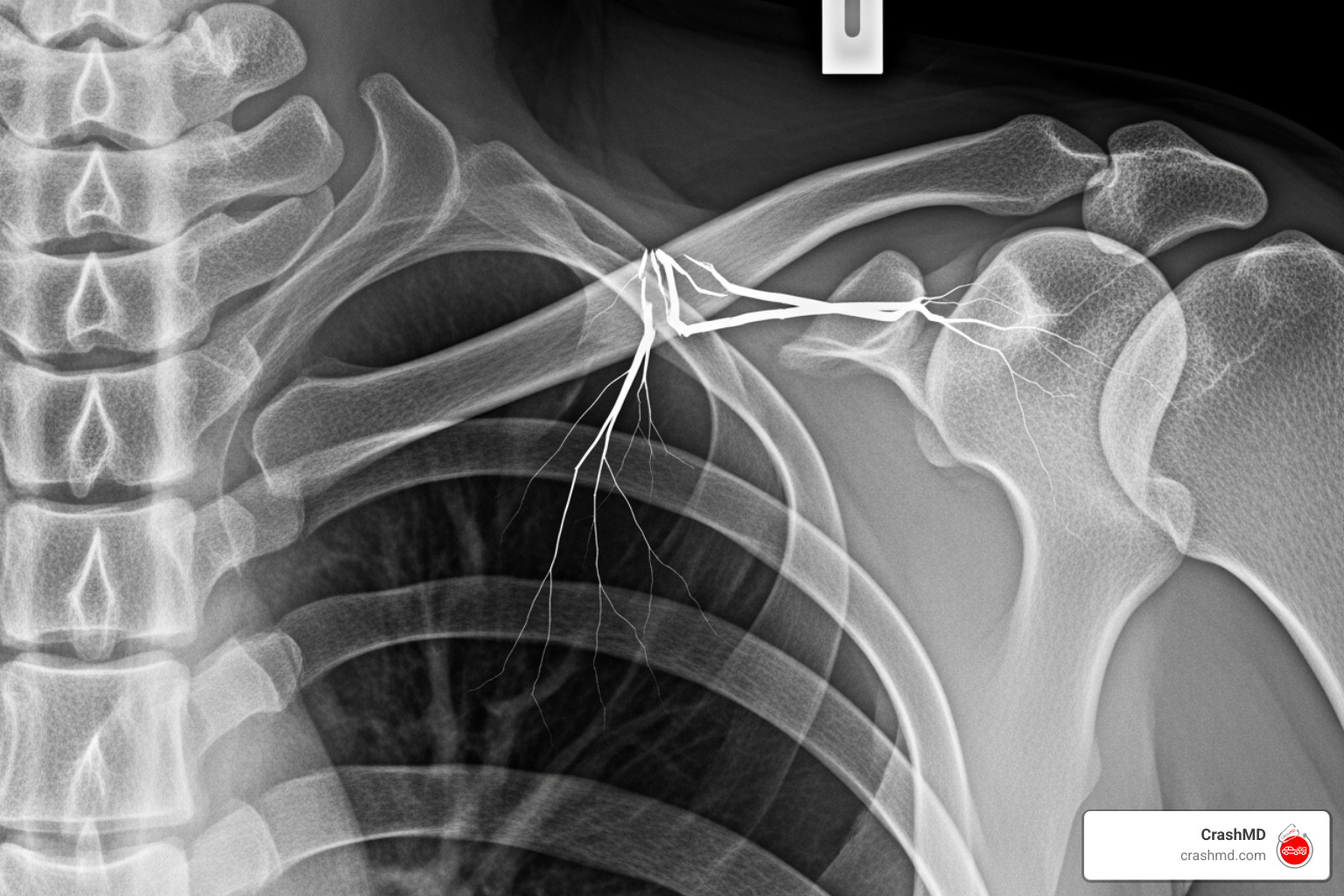 X-ray showing a broken clavicle - car crash injury