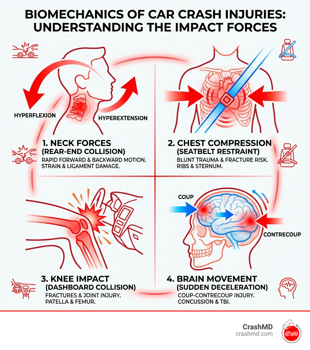 infographic showing the biomechanics of car crash injuries, including forces on the neck during rear-end collision, chest compression from seatbelt, knee impact with dashboard, and brain movement inside skull during sudden deceleration - car crash injury infographic 