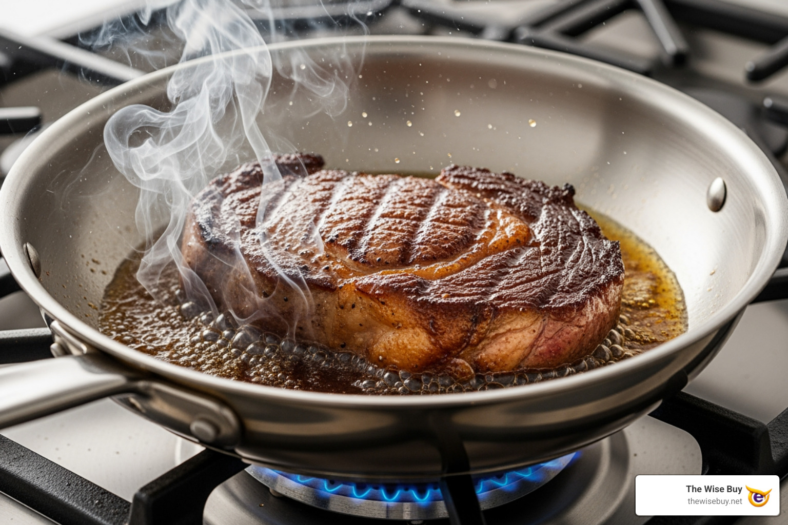 stainless steel frying pan searing a steak - black friday deals cookware
