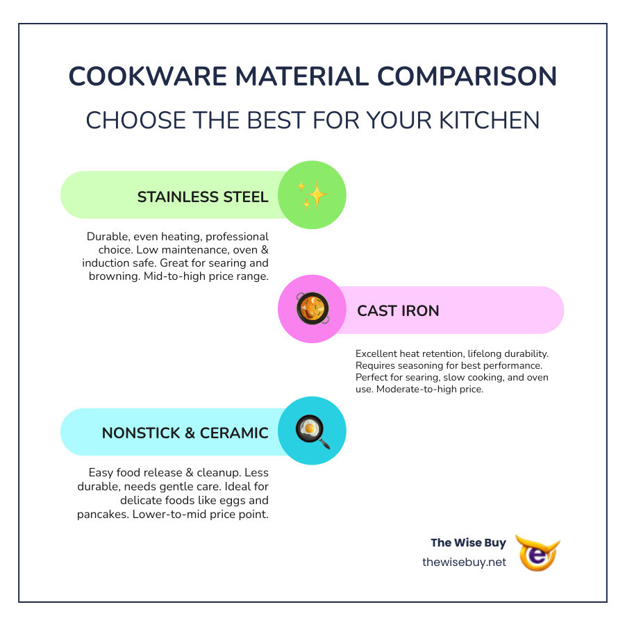 infographic comparing stainless steel, cast iron, and nonstick cookware showing heat distribution, maintenance requirements, price ranges, and best uses for each material type - black friday deals cookware infographic infographic-line-3-steps-colors