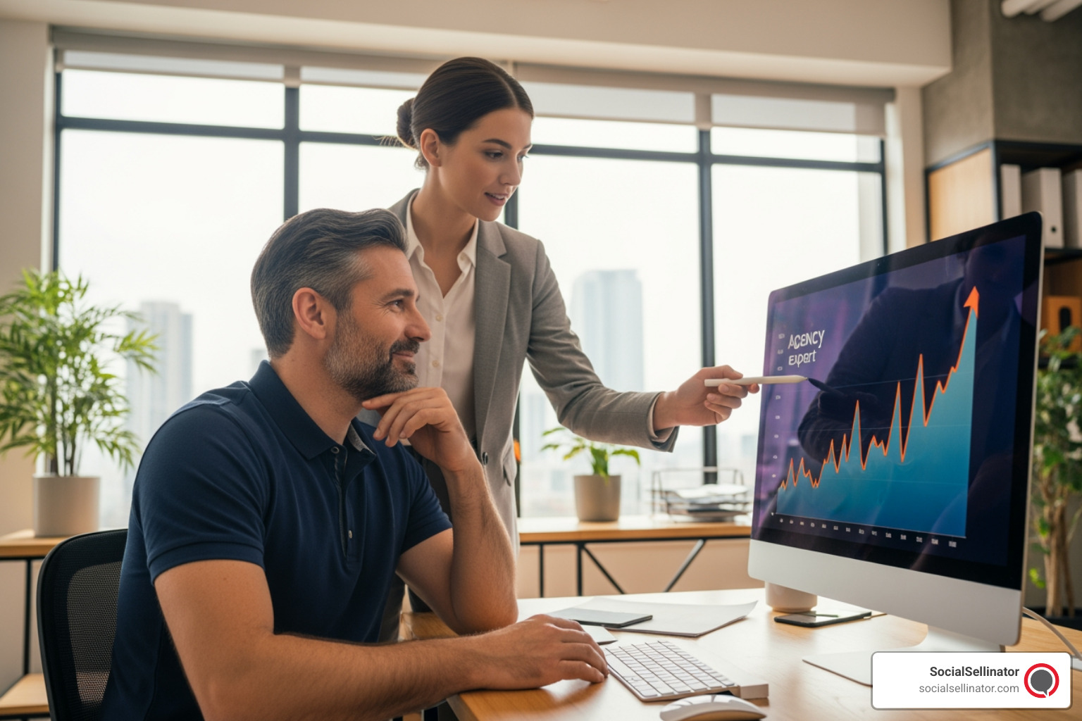 A business owner looking relieved as an agency expert points at a positive performance graph on a monitor, illustrating the benefits of external expertise. - google adwords agencies A business owner looking relieved as an agency expert points at a positive performance graph on a monitor, illustrating the benefits of external expertise. - google adwords agencies
