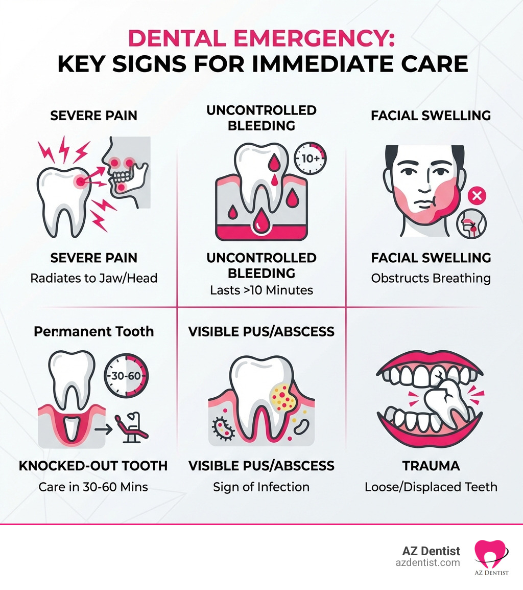 infographic showing key signs of dental emergencies including severe pain radiating to jaw or head, uncontrolled bleeding lasting more than 10 minutes, facial swelling that could obstruct breathing, knocked-out permanent tooth requiring care within 30-60 minutes, visible pus or abscess, and trauma causing loose or displaced teeth - Emergency dental clinic Phoenix infographic 