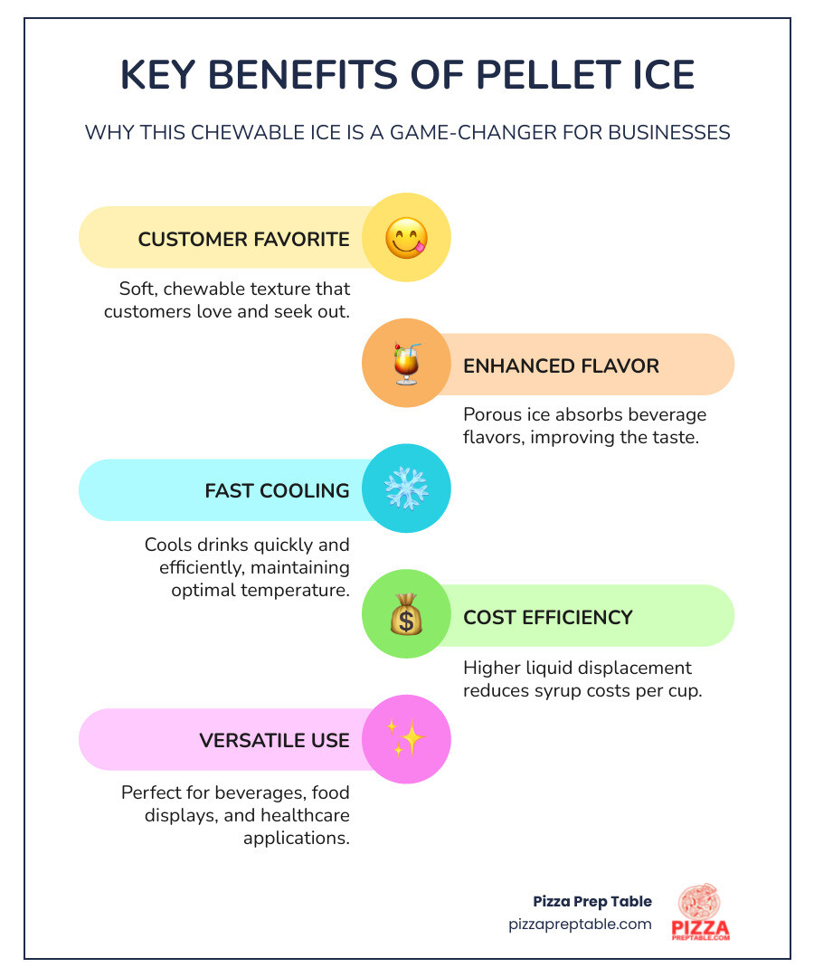 Infographic showing the benefits of pellet ice: soft and chewable texture that customers love, absorbs beverage flavors for enhanced taste, cools drinks quickly and efficiently, higher liquid displacement reduces syrup costs per cup, versatile applications from beverages to food displays and healthcare - commercial pellet ice maker infographic infographic-line-5-steps-colors Infographic showing the benefits of pellet ice: soft and chewable texture that customers love, absorbs beverage flavors for enhanced taste, cools drinks quickly and efficiently, higher liquid displacement reduces syrup costs per cup, versatile applications from beverages to food displays and healthcare - commercial pellet ice maker infographic infographic-line-5-steps-colors
