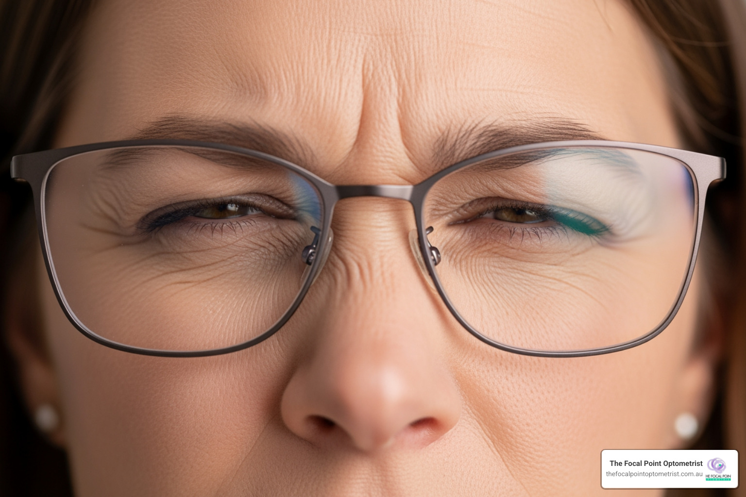 A woman squinting while wearing glasses, illustrating common symptoms and Anisometropia causes in adults.