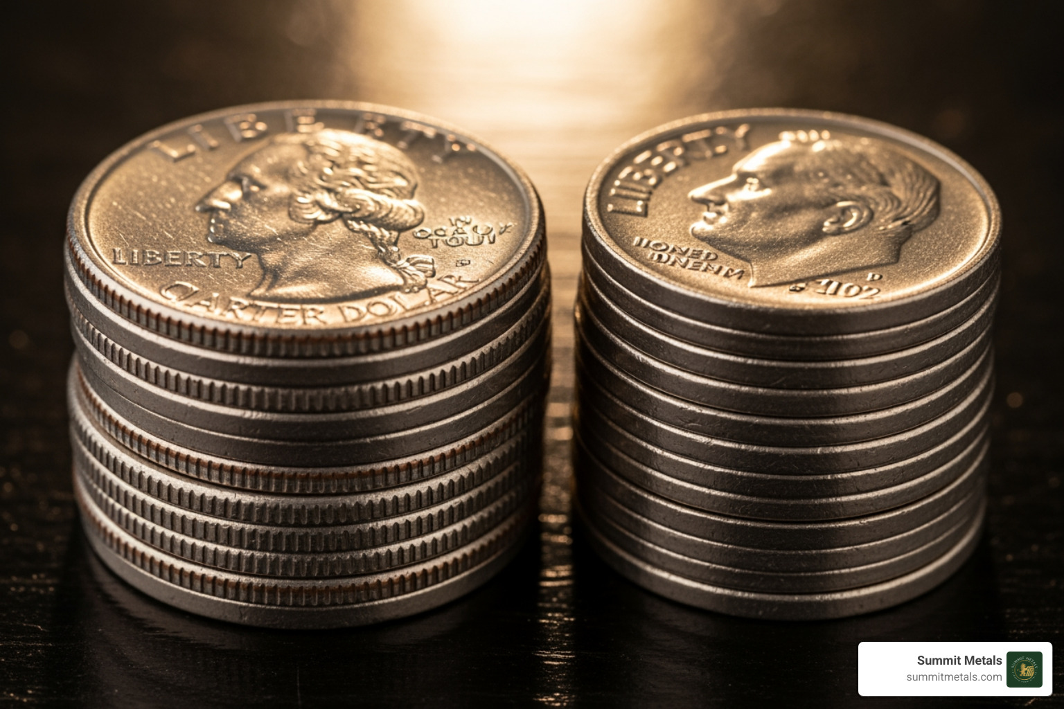 a stack of silver Washington quarters next to a stack of silver Roosevelt dimes - how much is a pound of junk silver worth