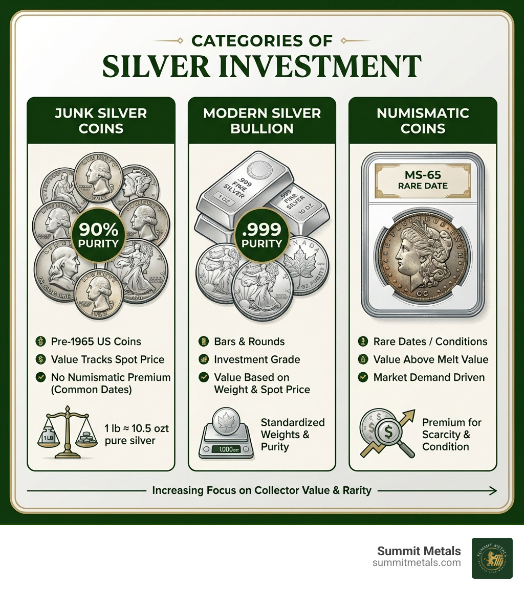 infographic showing three categories of silver: junk silver coins (pre-1965 US dimes quarters and half dollars with 90% purity), modern silver bullion (bars and rounds with .999 purity), and numismatic coins (rare dates with collector premiums above melt value) - how much is a pound of junk silver worth infographic 