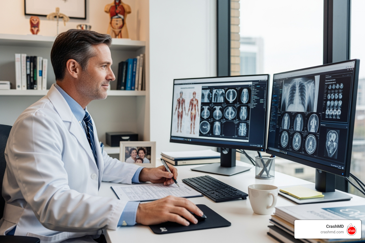 doctor reviewing a patient's chart and medical scans - Medical care after accident doctor reviewing a patient's chart and medical scans - Medical care after accident