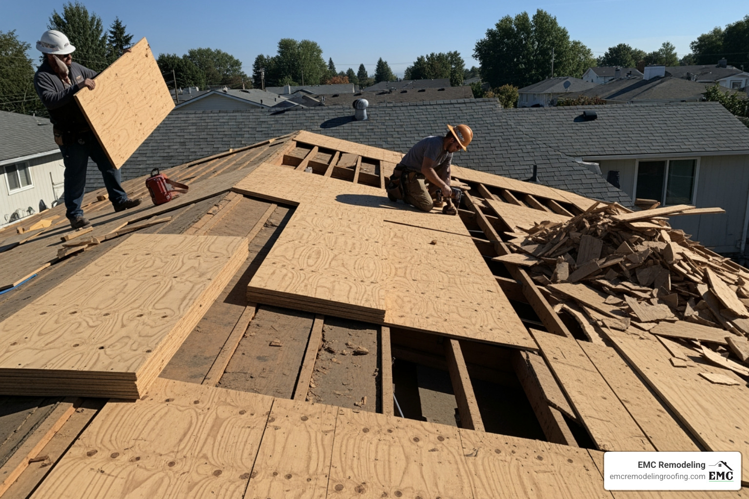 a rotted roof deck with water stains and soft spots, viewed from an attic - roof deck replacement a rotted roof deck with water stains and soft spots, viewed from an attic - roof deck replacement