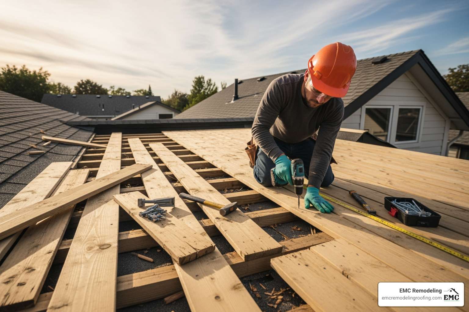 a professional roofer carefully cutting out a damaged section of roof decking - roof deck replacement a professional roofer carefully cutting out a damaged section of roof decking - roof deck replacement