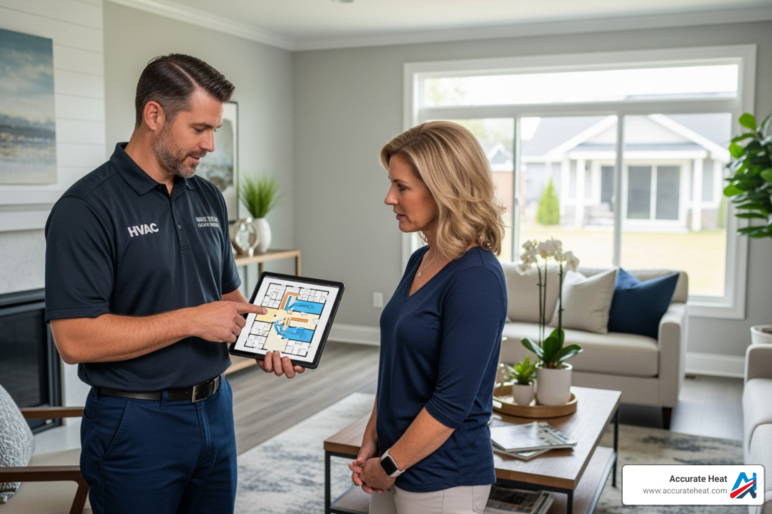 of a homeowner consulting with an HVAC technician holding a tablet showing a floor plan - Ductless heat pump install of a homeowner consulting with an HVAC technician holding a tablet showing a floor plan - Ductless heat pump install