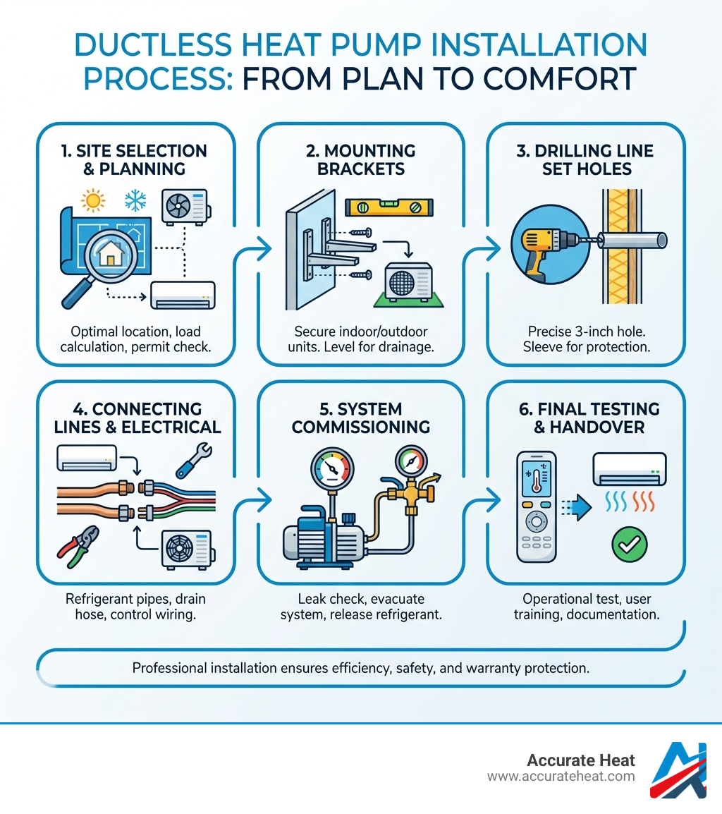 infographic showing the complete ductless heat pump installation process from site selection through final testing, including mounting brackets, drilling line set holes, connecting refrigerant lines, electrical connections, and system commissioning steps - Ductless heat pump install infographic infographic showing the complete ductless heat pump installation process from site selection through final testing, including mounting brackets, drilling line set holes, connecting refrigerant lines, electrical connections, and system commissioning steps - Ductless heat pump install infographic