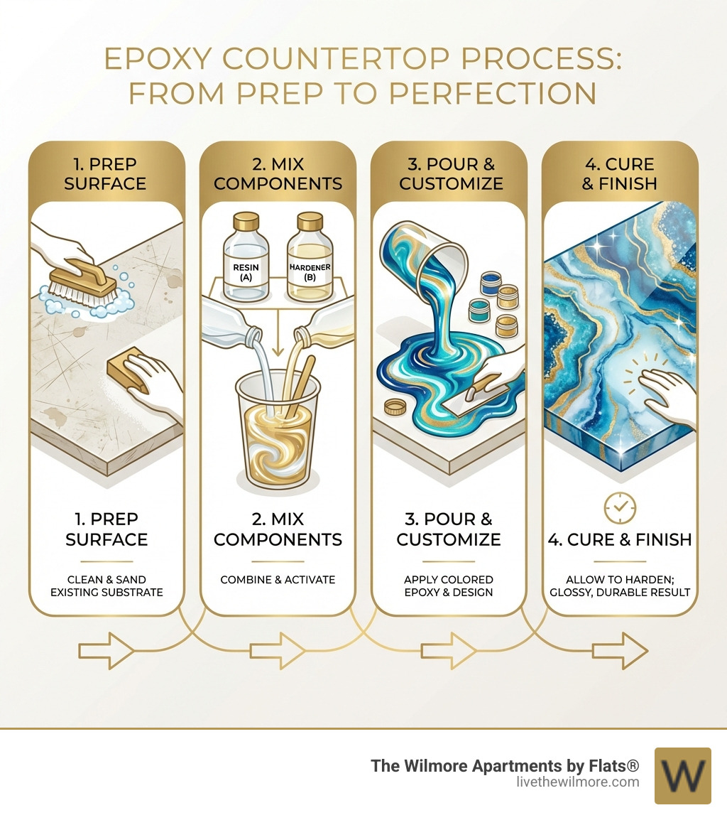 Infographic showing the epoxy countertop process: 1) Existing countertop surface preparation with cleaning and sanding, 2) Two bottles labeled resin and hardener being mixed together, 3) Colored liquid epoxy being poured onto surface, 4) Finished glossy countertop with custom design patterns - epoxy resin countertops infographic Infographic showing the epoxy countertop process: 1) Existing countertop surface preparation with cleaning and sanding, 2) Two bottles labeled resin and hardener being mixed together, 3) Colored liquid epoxy being poured onto surface, 4) Finished glossy countertop with custom design patterns - epoxy resin countertops infographic