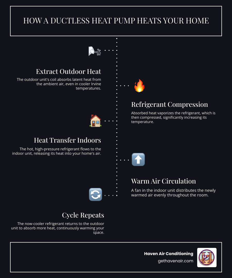 infographic showing how a ductless heat pump extracts heat from outdoor air and transfers it inside through refrigerant lines to the indoor unit, with labels for outdoor compressor, refrigerant flow, indoor air handler, and temperature ranges - 24 hour ductless heating in irvine, ca infographic infographic-line-5-steps-dark