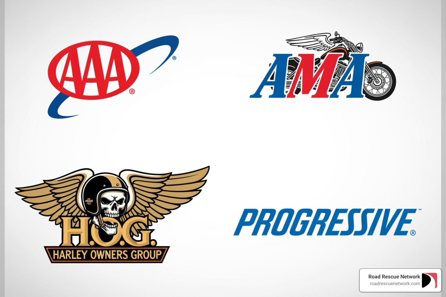 Collage of logos for AAA, AMA, HOG, and Progressive - motorcycle roadside assistance reviews