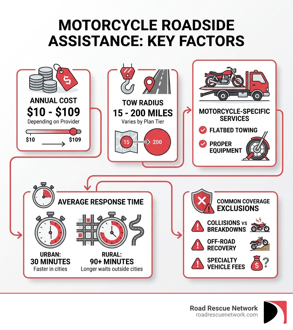 Infographic showing key factors for choosing motorcycle roadside assistance: Annual Cost ($10-$109 depending on provider), Tow Radius (15-200 miles, varies by plan tier), Motorcycle-Specific Services (flatbed towing, proper equipment), Average Response Time (30 minutes urban, 90+ minutes rural), and Common Coverage Exclusions (collisions vs breakdowns, off-road recovery, specialty vehicle fees) - motorcycle roadside assistance reviews infographic 