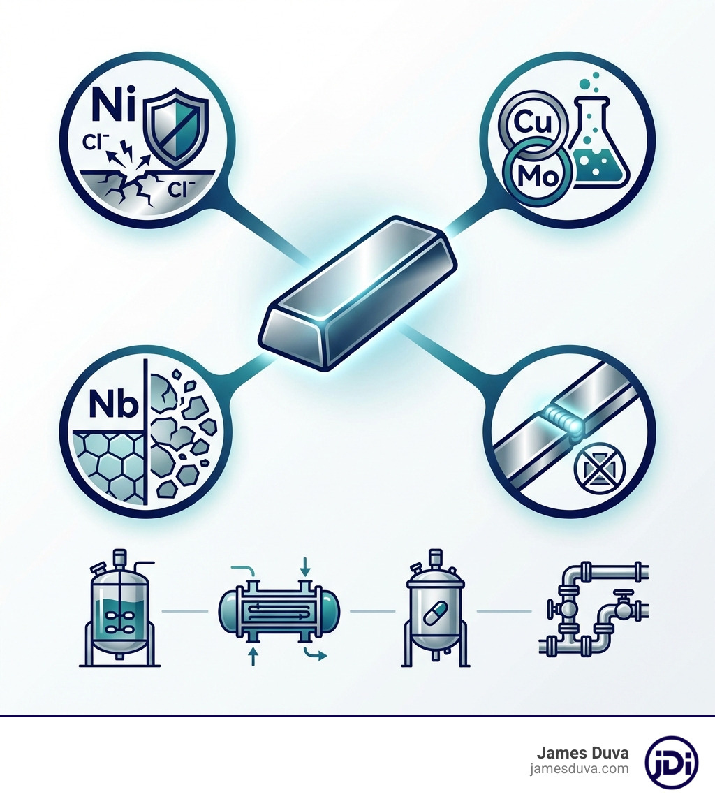 Infographic showing Alloy 20 bars key properties: 32-38% nickel content for chloride stress corrosion cracking immunity, copper and molybdenum additions for sulfuric acid resistance, niobium stabilization preventing intergranular corrosion, excellent weldability without post-weld heat treatment, and applications in chemical processing tanks, heat exchangers, pharmaceutical equipment, and petrochemical piping - Alloy 20 bars infographic 