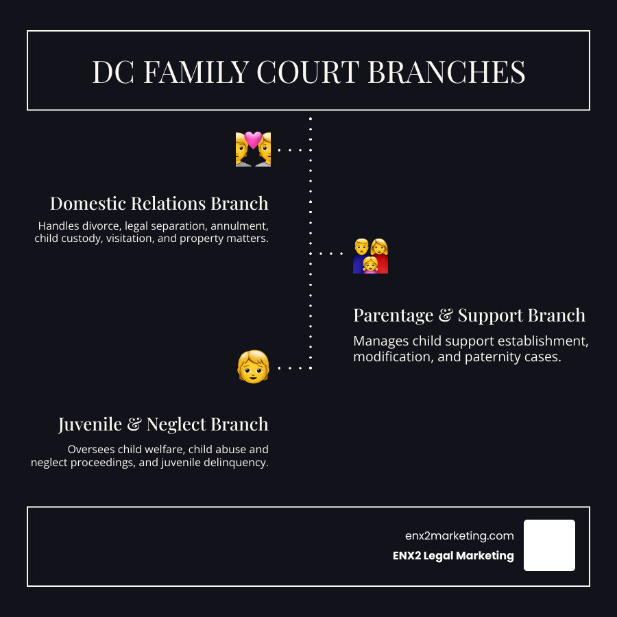 Infographic showing DC Family Court structure with three main branches: Domestic Relations Branch handling divorce, custody, and property matters; Parentage and Support Branch managing child support and paternity cases; and Juvenile and Neglect Branch overseeing child welfare and delinquency proceedings, all under the Family Court Operations Division at Moultrie Courthouse - DC family law infographic infographic-line-3-steps-dark Infographic showing DC Family Court structure with three main branches: Domestic Relations Branch handling divorce, custody, and property matters; Parentage and Support Branch managing child support and paternity cases; and Juvenile and Neglect Branch overseeing child welfare and delinquency proceedings, all under the Family Court Operations Division at Moultrie Courthouse - DC family law infographic infographic-line-3-steps-dark